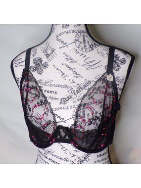 🆕ETAM Sheer Tulle Embroidered Heart Underwire Bra 36E